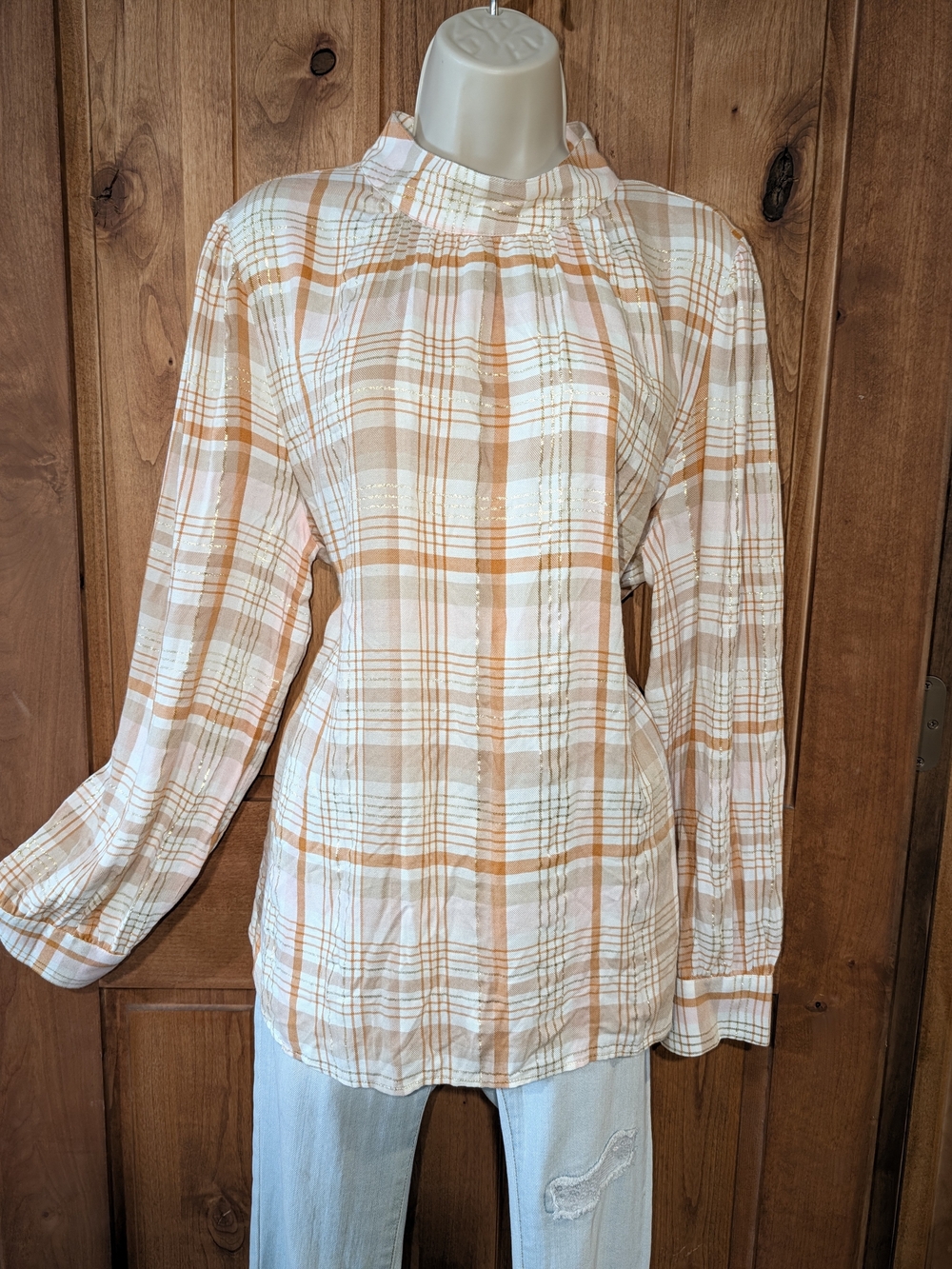 LOFT Peach and White Plaid High-Neck Blouse Perfect For Autumn